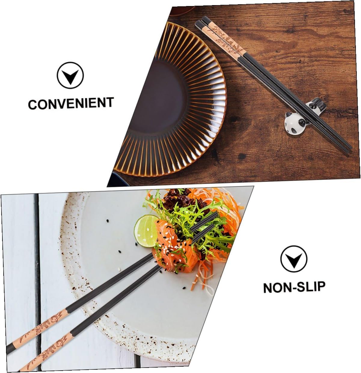 GLEAVI Panda Ceramic Chopsticks Rest Set with 8 Pairs of Wood Chopsticks Food-grade Tableware for Home Dining Box