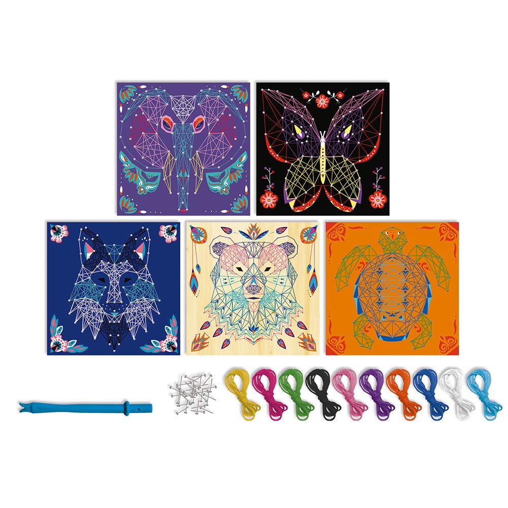 Janod - Scatola Artistica con Fili di Animali - Laboratori di Decorazione - Kit per Il Tempo Libero Creativo per Bambini - 5 Dipinti da Creare - Abilità motorie e concentrazione - dai 10 Anni, J07912