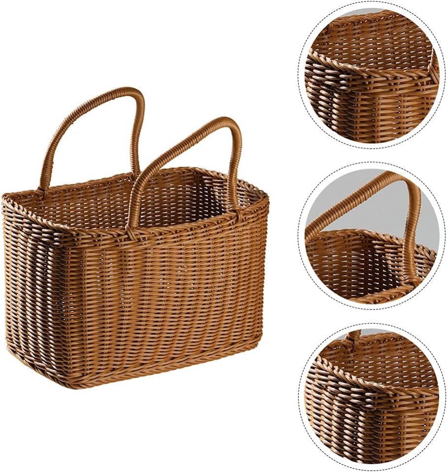 Sewroro Picnic Basket with Handles Handmade Plastic Woven Basket Multifunctional Woven Storage Basket for Shopping, Market, Grocery Basket