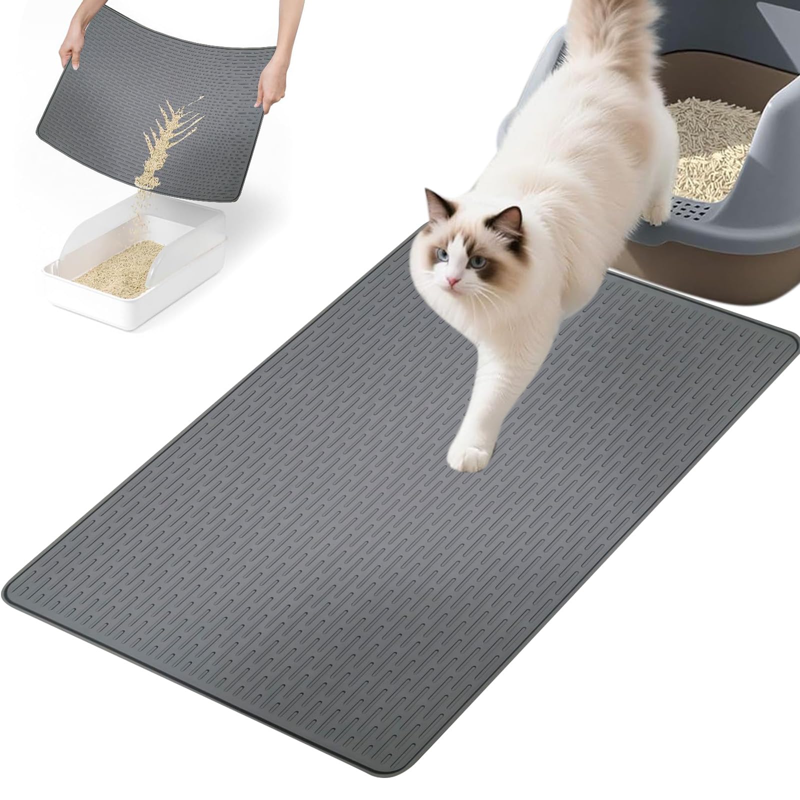 VEGCOO Silicone Cat Litter Mat, 71x50cm Non-slip Cat Litter Trapping Mat, Waterproof Cats Litter Box Mats with Raised Edges, Easy Clean Washable (Gray)