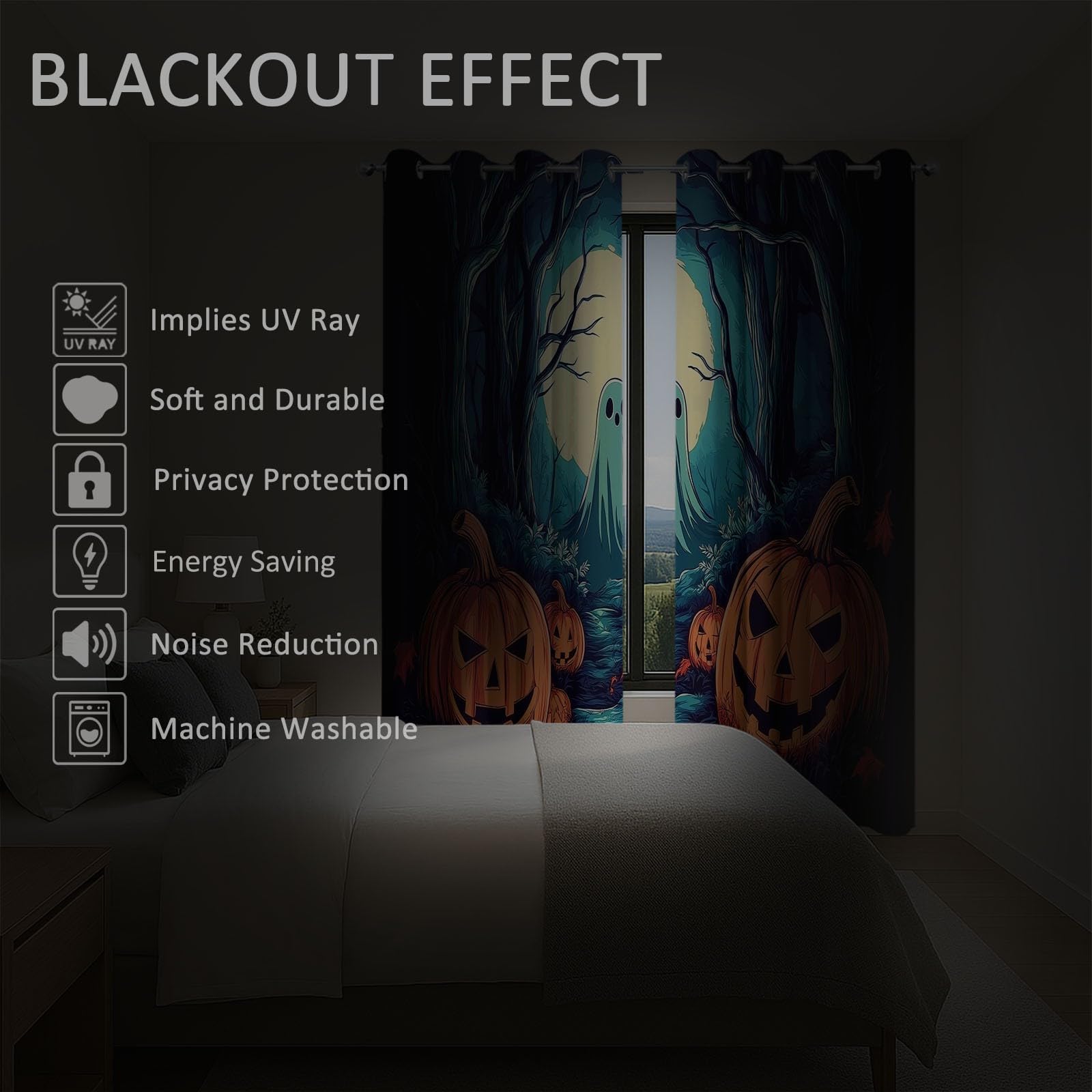 Dziecięca termiczna zasłona zaciemniająca z duchem dyni las na Halloween, 110 x 215 cm, zestaw 2 zasłon z nadrukiem do salonu, sypialni, kuchni, dekoracji wnętrz, zasłon i zasłon z oczkami, niebieska