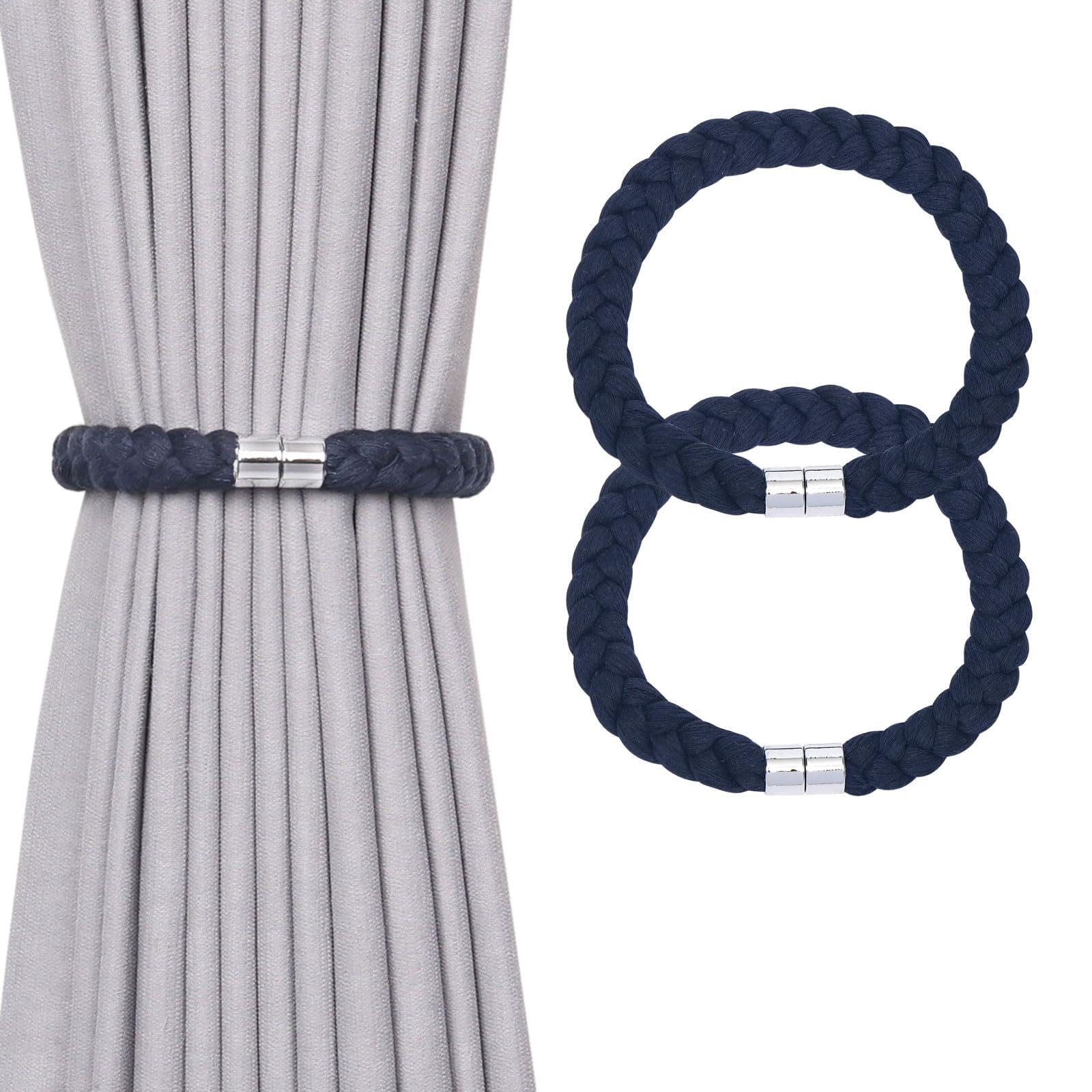 Pretty Jolly 2 Pack Natural Cotton Rope Magnetic Curtain Tiebacks Elegant Twisted Braid Style Drape Tie Backs Soft Hand-Woven Rope Curtain Holdbacks for Home & Office Window Draperies (Dark Blue-01)