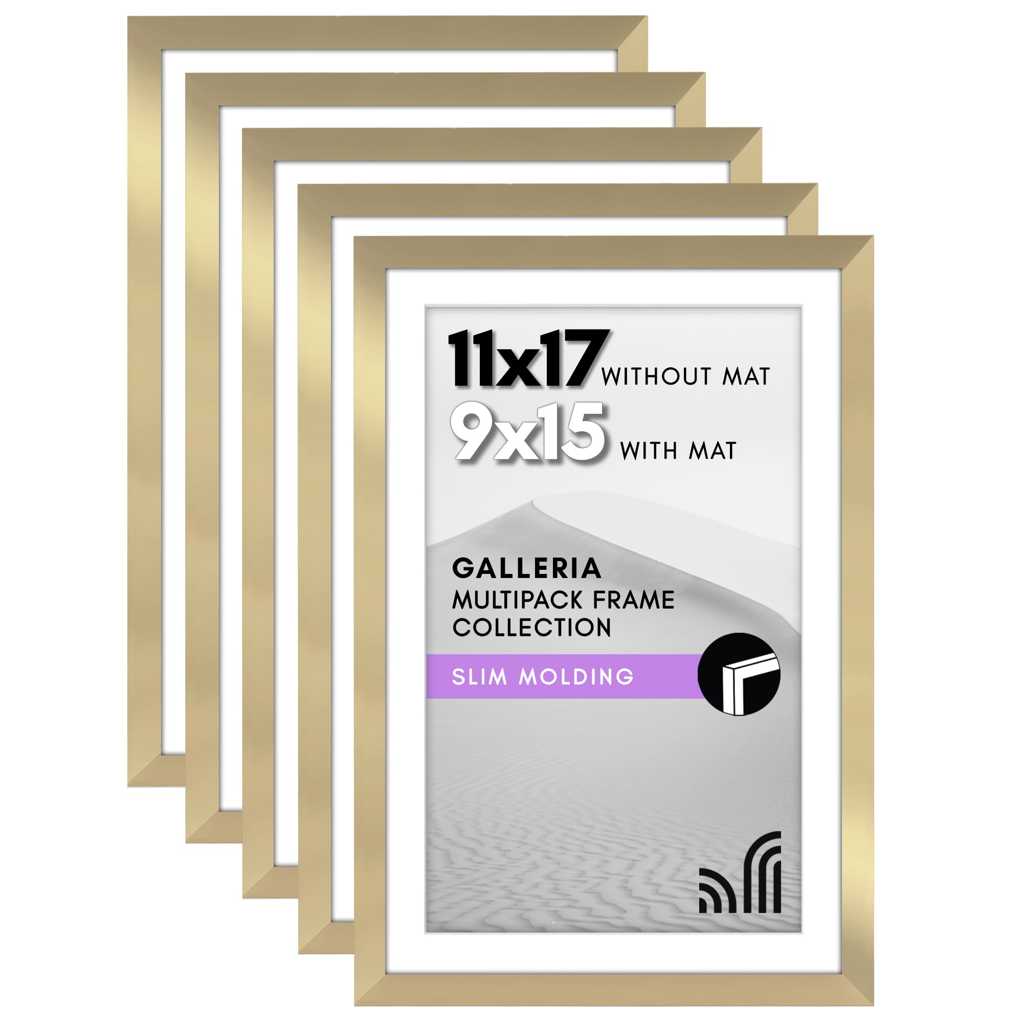 Americanflat 11x17 Picture Frame With Polished Plexiglass - Set of 5 - Use as 9x15 With Mat or 11x17 Without Mat - Galleria Collection - Gold Gallery Wall Set for Wall Display