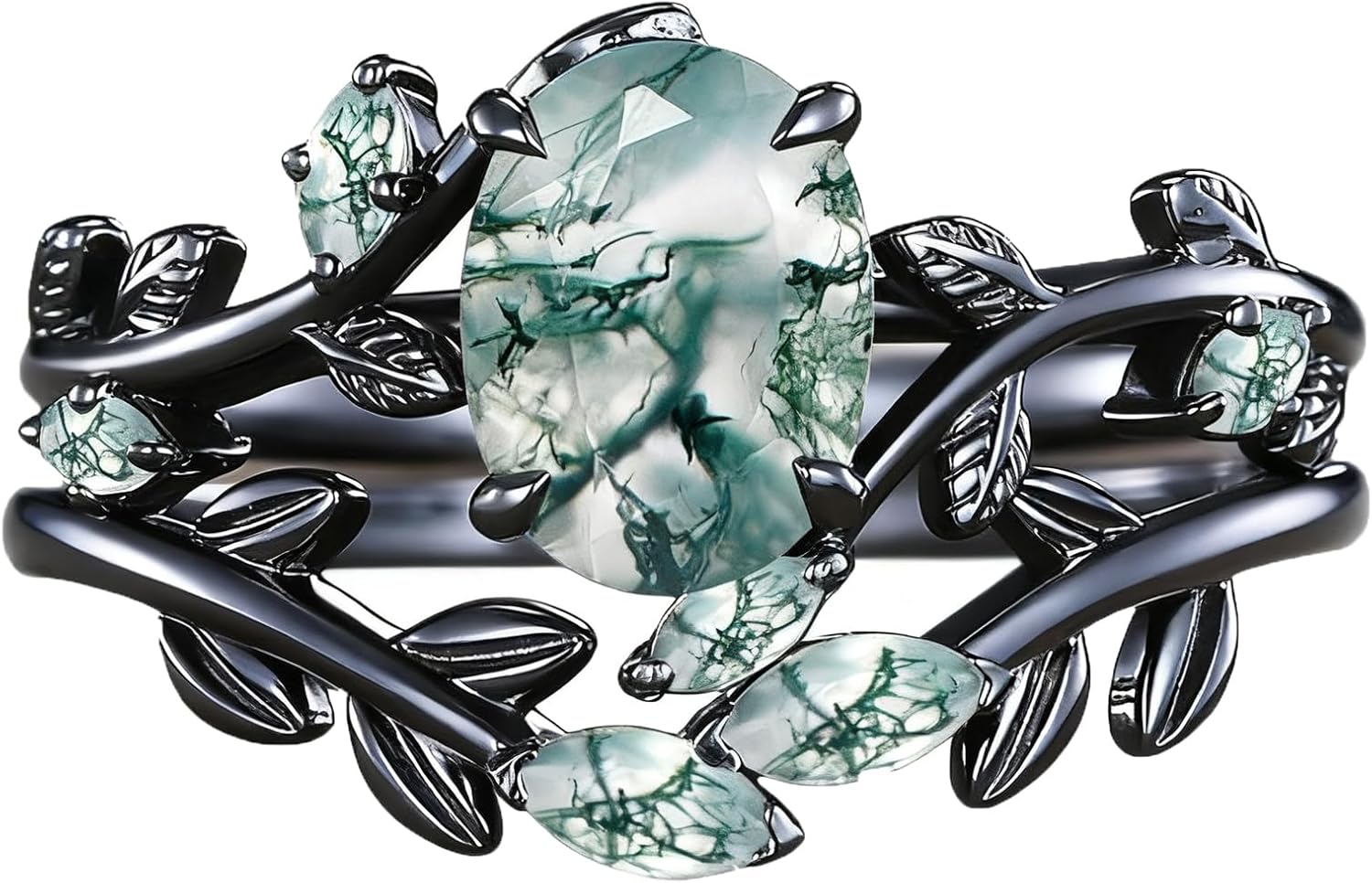 Natural Moss Agate Engagement Ring Set for Women, 925 Sterling Silver Pear/Heart/Oval Cut Moss Agate Moissanite Bridal Wedding Rings Set Inspired Leaf Bridal Rings Set for Her Free Engraved