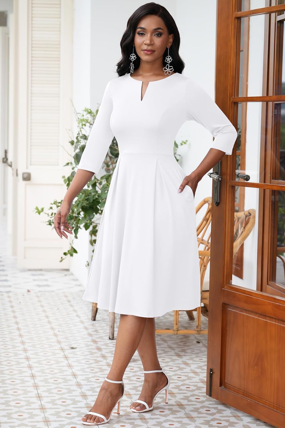 Nmoder Midi Dresses for Women - Semi Formal Fit and Flare 3/4 Sleeve V Neck A-Line Cocktail Church Work Dress with Pockets - Image 5