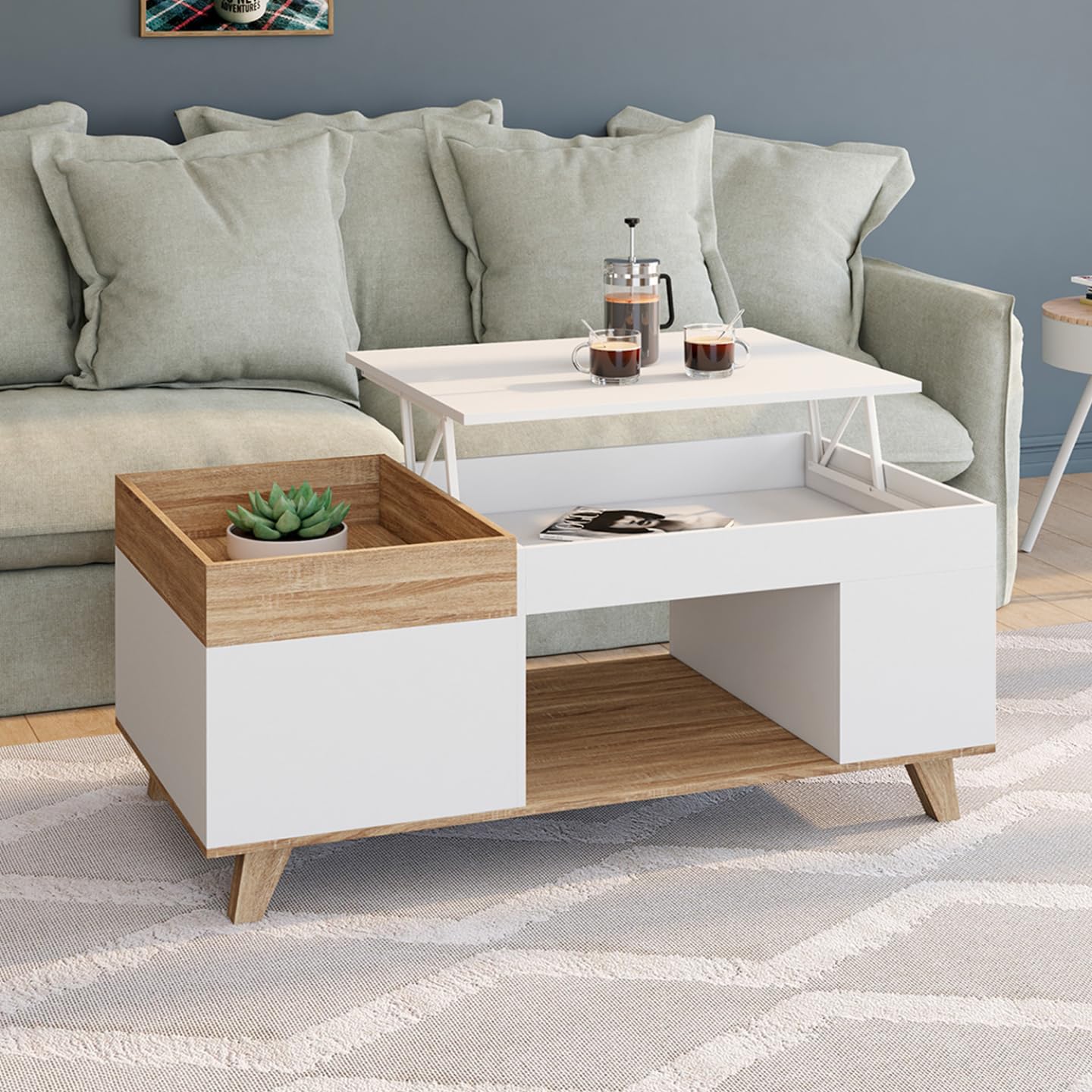 IDMarket - Table Basse rectangulaire Plateau relevable et Plateau Amovible avec Coffre Lola Bois et Blanc
