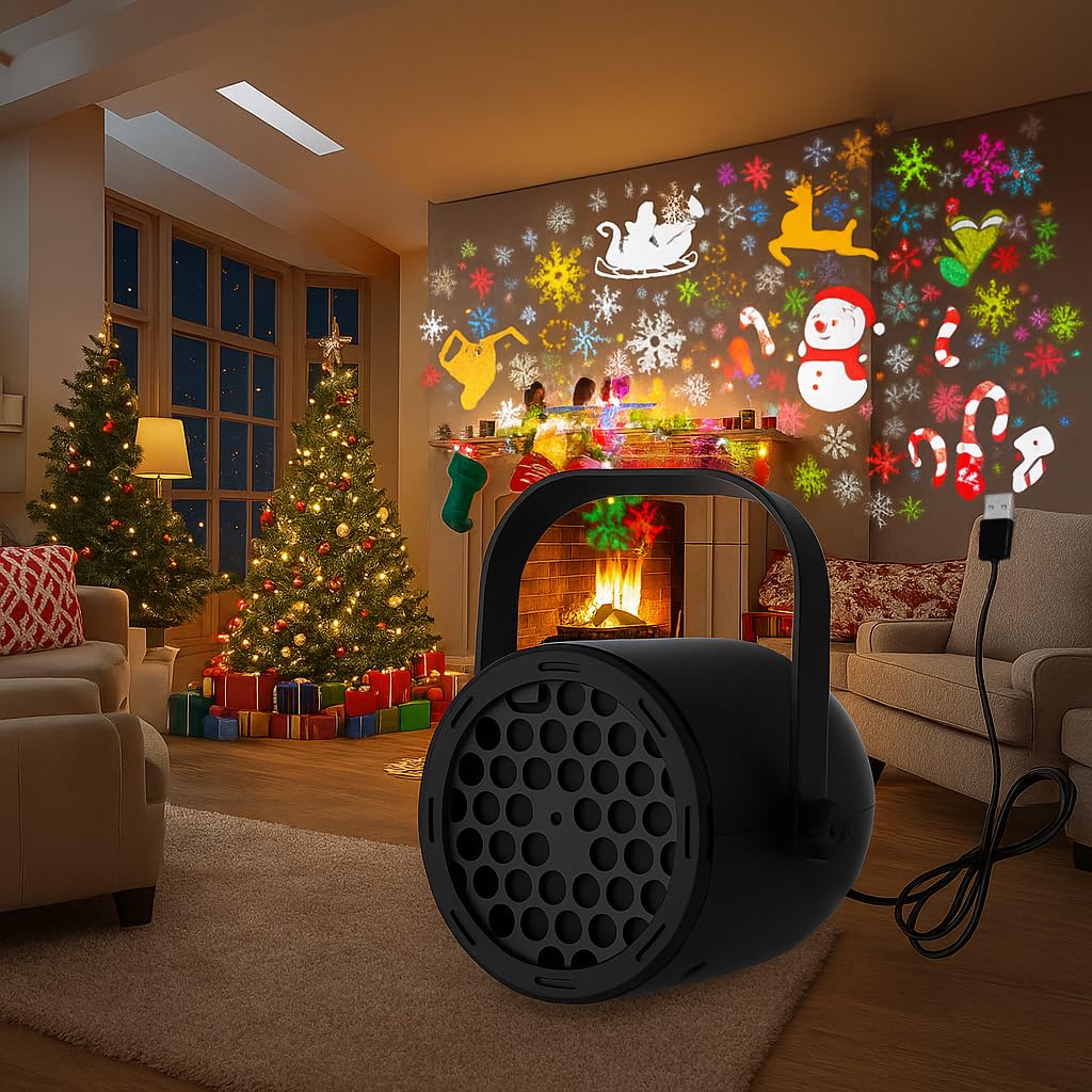 Christmas Projector Lights, USB Powered LED Chritmas Projector Lamp with 16 Patterns, 360° Auto Rotating Snowflake Projectors for Indoor Outdoor (Black)