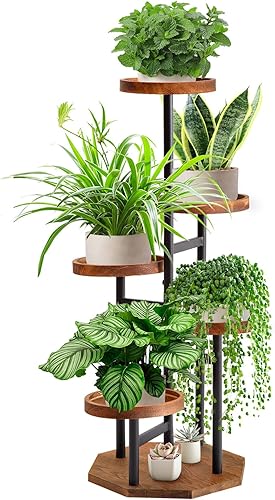 Miniatura 1 de TEAKMAMA Soporte alto para plantas de 5 niveles, soporte alto de metal para plantas de interior con ranuras profundas anticaídas para múltiples
