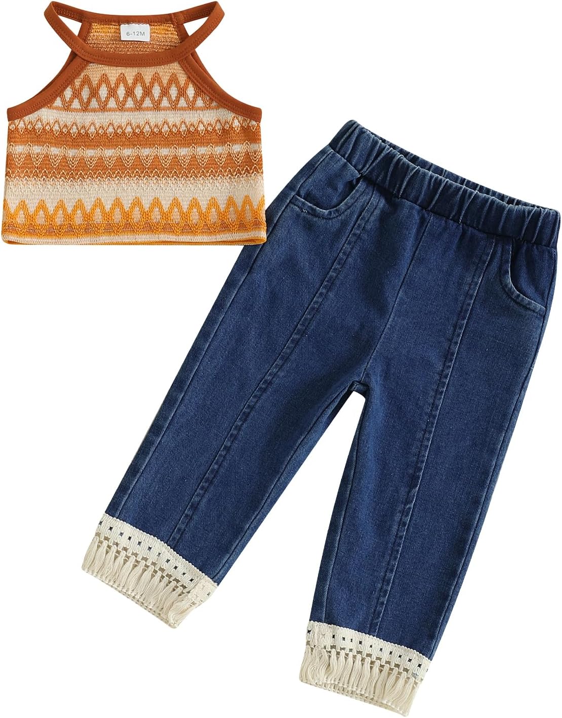 Meiweileya Boho Toddler Baby Girl Summer Clothes Sleeveless Halter Argyle Knit Crop Tops Fringe Denim Pants Set Jeans Outfit