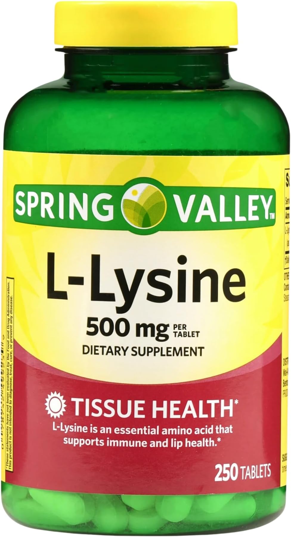 L Lysine 500mg Tablets, 250 Count, Super Lysine Immune Support & Healthy Skin* by Spring Valley (Pack of 1)