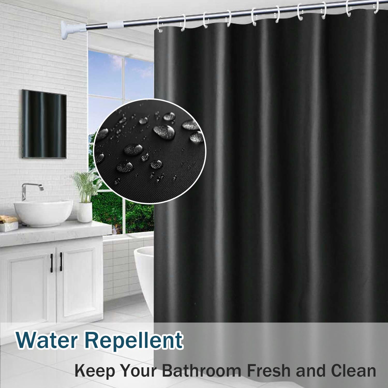 FSTIANXIA Shower Curtain for Bathroom,PEVA Fabric Curtain Bathroom Curtain with Grommets & Hooks,Washable Mould Proof Mildew Resistant (Black - Image 2