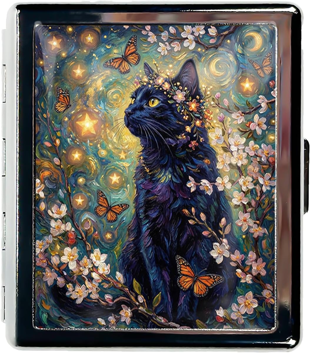 Metal 7 Day Pill Organizer, Weekly Pill Case 8 Compartments, Travel Pill Box for Purse & Pocket, Small Medicine & Vitamin Organizer, PP Dividers, Secure Clasp (Starry Black Cat)