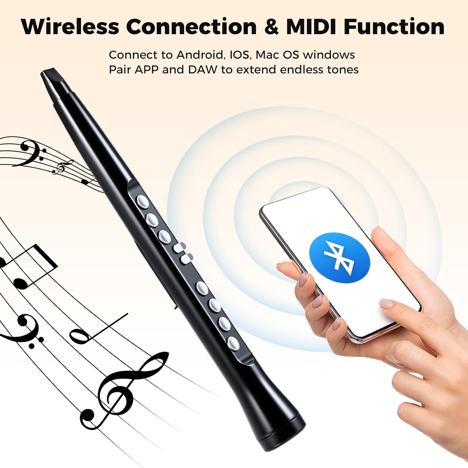Costzon Electronic Wind Instrument wirelessly connected to a smartphone via MIDI