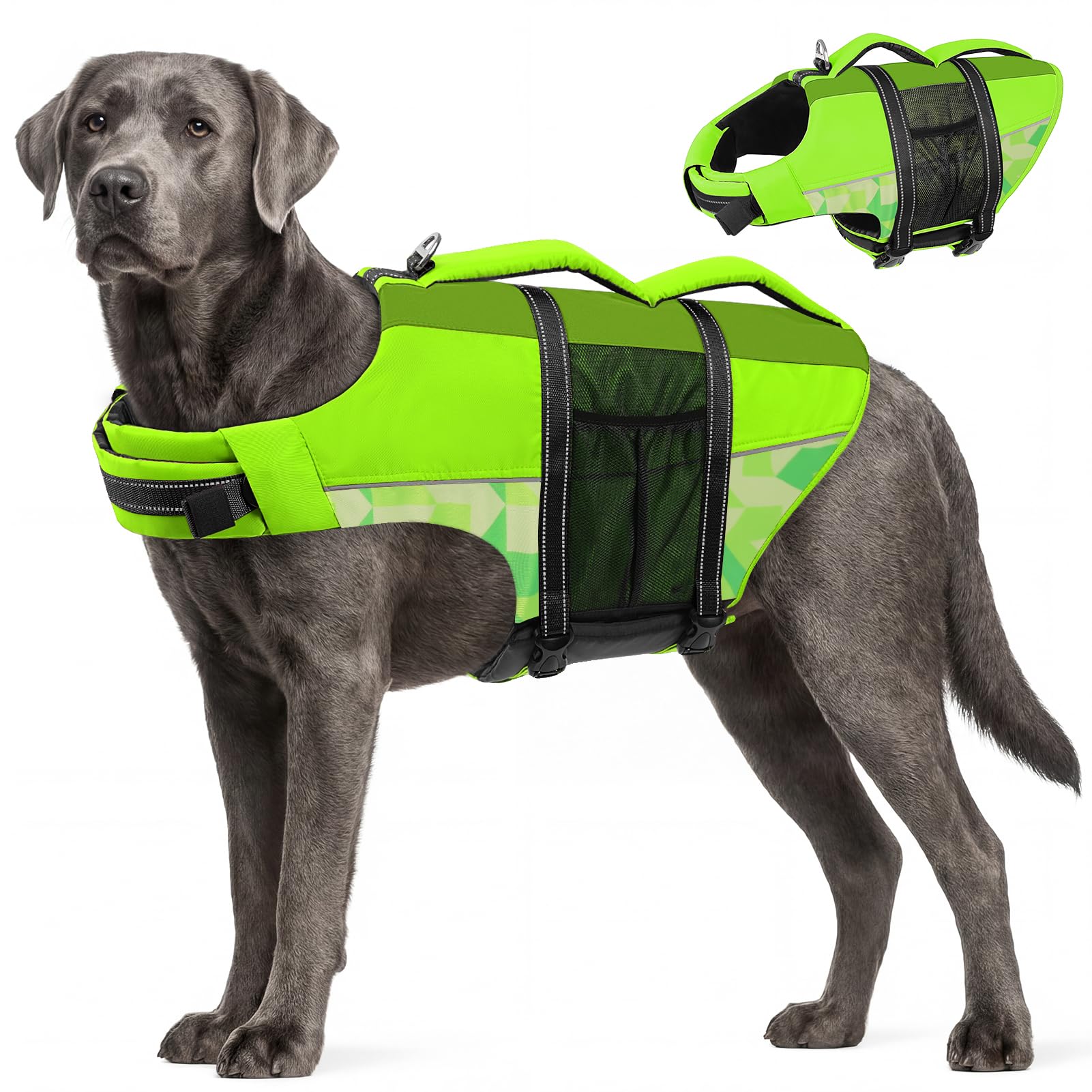 CITÉTOILE Giubbotti di Salvataggio per Cani, Regolabile Salvagente per Animali con Manico, Costume da Bagno di Sicurezza in Acqua per la Vela in Piscina Sulla Spiaggia, verde, XXL
