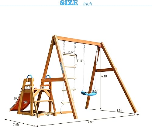 Miniatura 8 de Merax Juego de columpios de madera para patio trasero, juego de columpio 4 en 1 para exteriores con tobogán, escalera de cuerda de escalada para