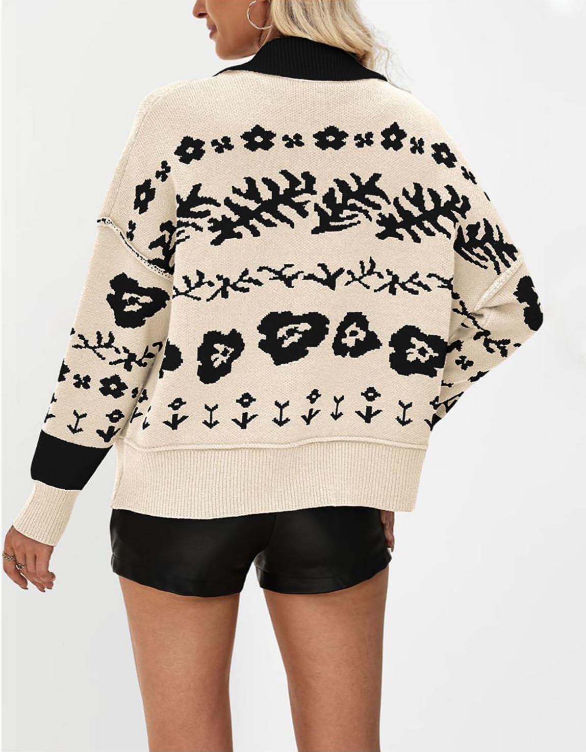 yoeasy Womens Floral Cardigan Sweater Color Block Open Front Long Sleeve Button Down Knit Loose Short Cardigan Sweaters - Image 6