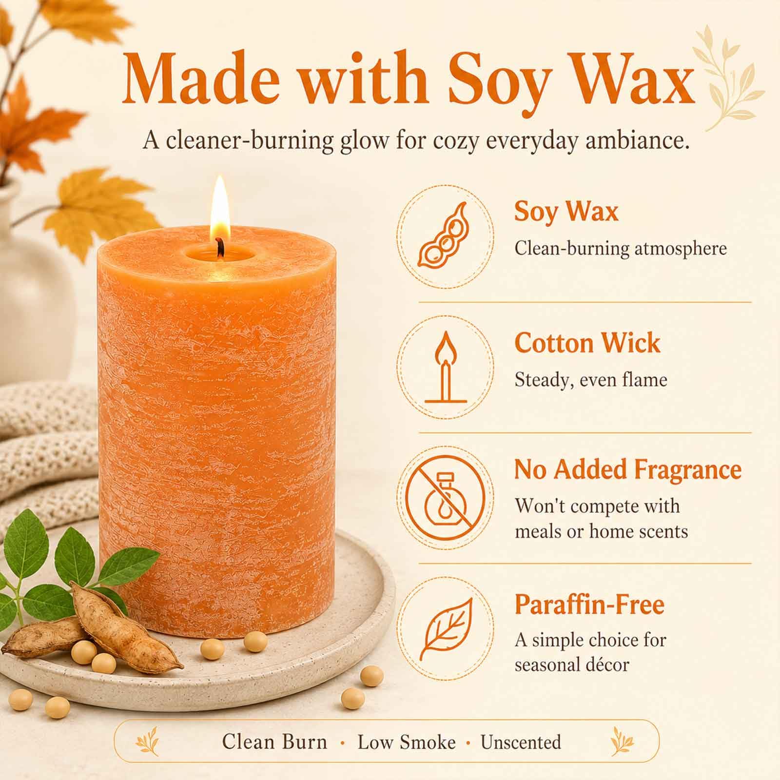 Paquete de 4 velas de soja blanca, velas de soja natural, 55 horas de duración, sin perfume, sin goteo y sin humo, color naranja quemado rústico, para mesa de comedor, boda, hogar, 2.8 x 4 pulgadas