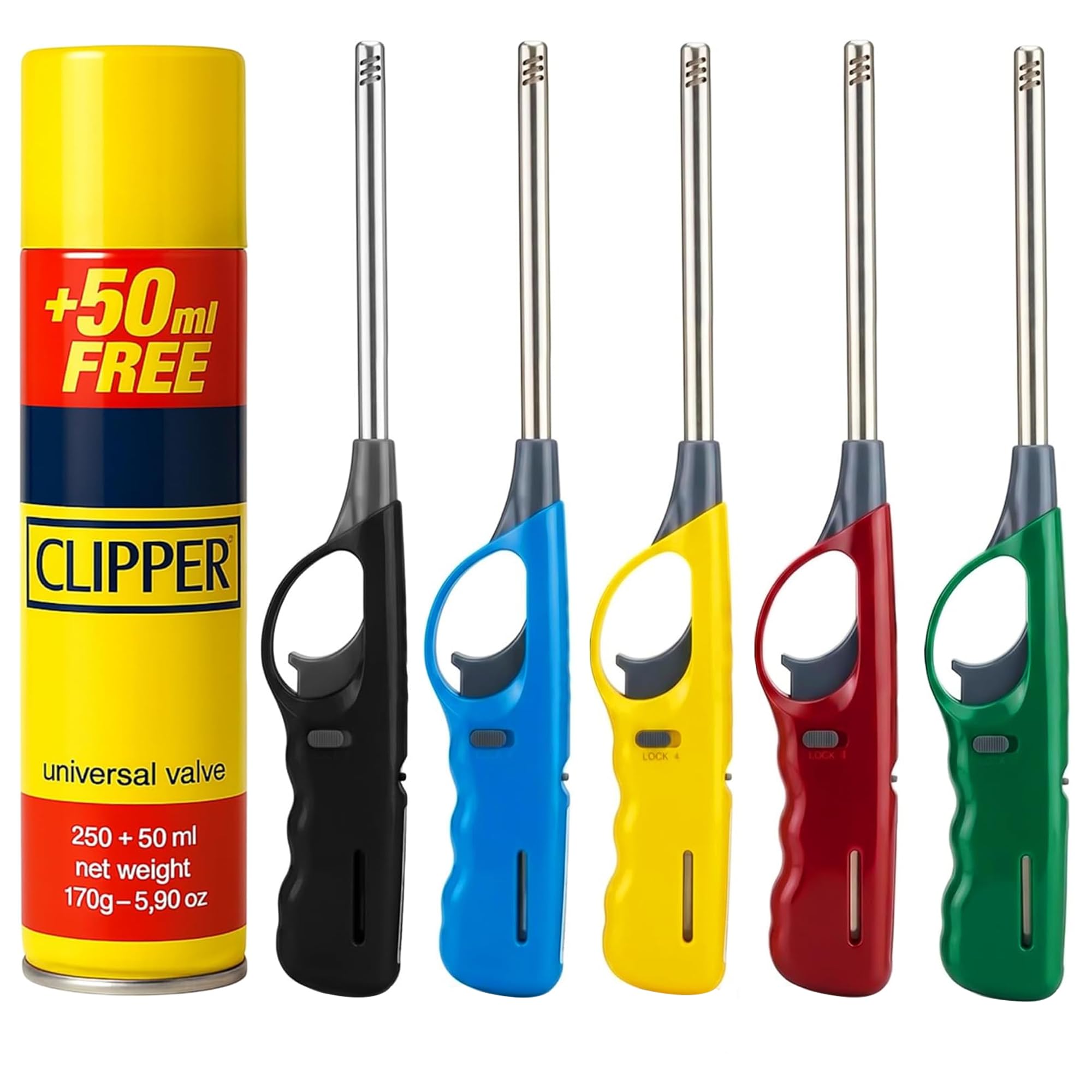 Bmlimited Assorted Bml Pack Of 5 Long Reach Bbq Lighter Refillable Gas Lighter Windproof Adjustable Flame Kitchen Candle Hob Grill Fireplace Camping Lighter With Gas Canister Colours