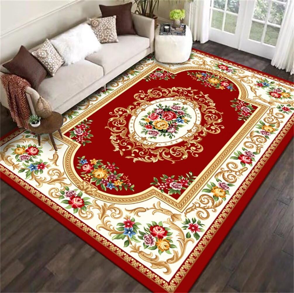 Tapis sol enfant et salon rouge grand format avec fleurs 80x150
