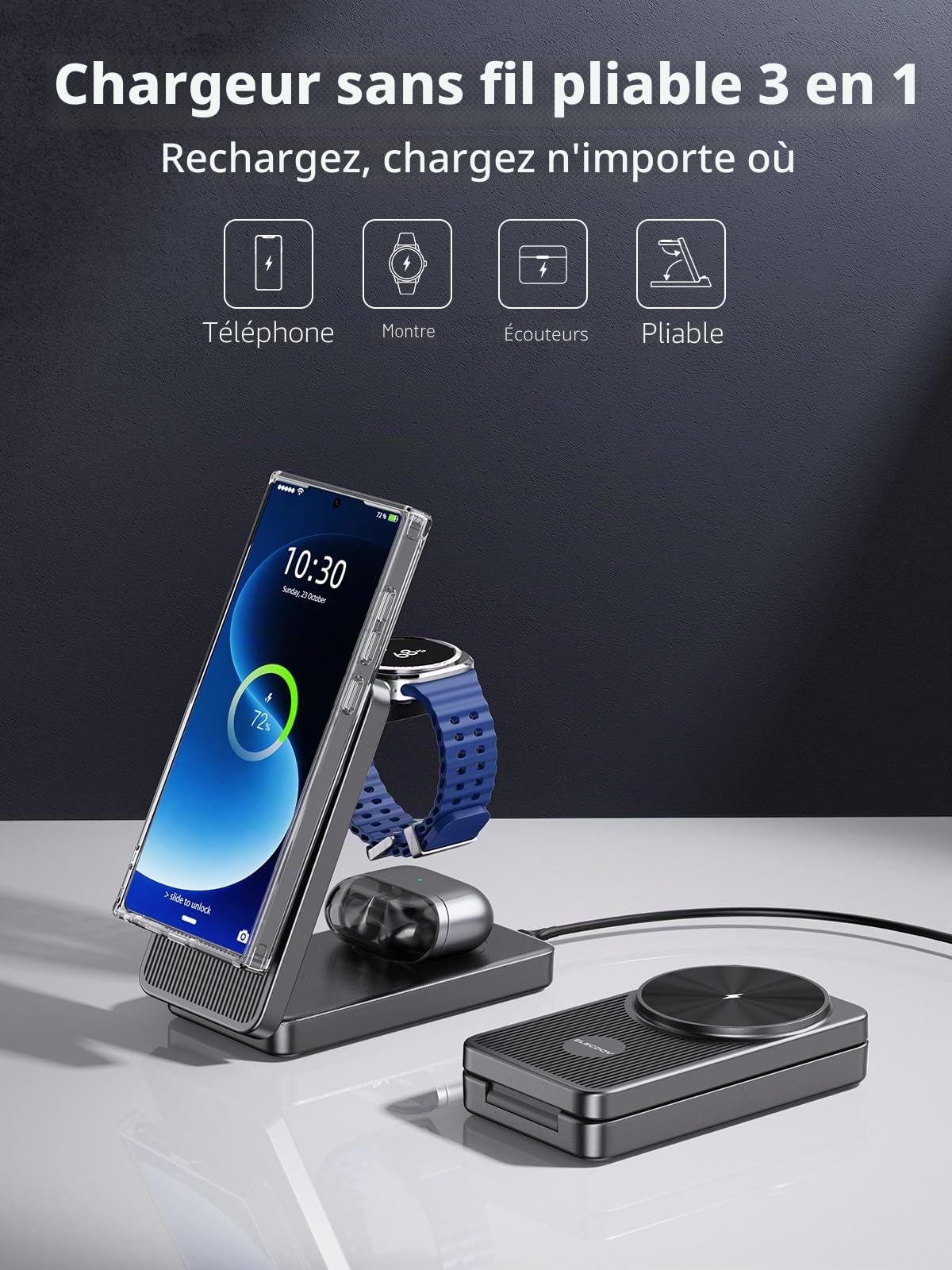 Magnétique Chargeur Induction pour Samsung Galaxy S26 Ultra/Z Fold 7/Z Flip 7, Chargeur sans Fil de 3 en 1 Pliable pour Galaxy S25/S24, Chargeur Watch pour Samsung Galaxy Watch Ultra/8