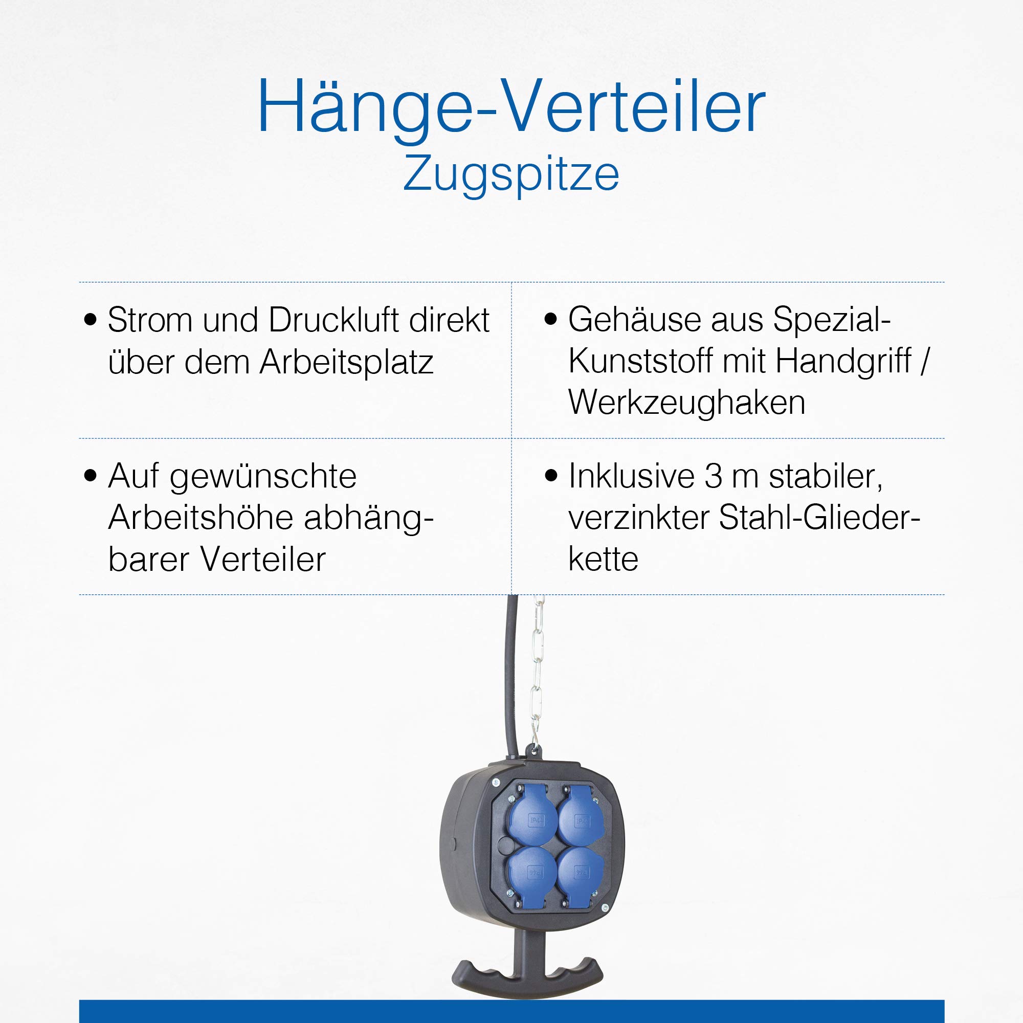 as - Schwabe Hängeverteiler Zugspitze – Stromverteiler mit 3 m Anschlusskabel & Gliederkette – 2x4 Schutzkontaktsteckdosen mit Klappdeckel & Schutzkontaktstecker 230 V / 16 A – IP44 – Schwarz I 60973