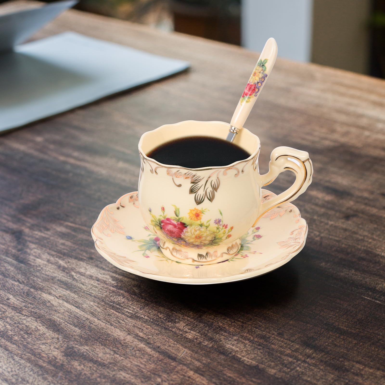 Ipetboom Juego de Taza de Té y Platillo de Cerámica y Acero Inoxidable de 250ml, Diseño Retro y Práctico para Festival y Conmemoración Festiva