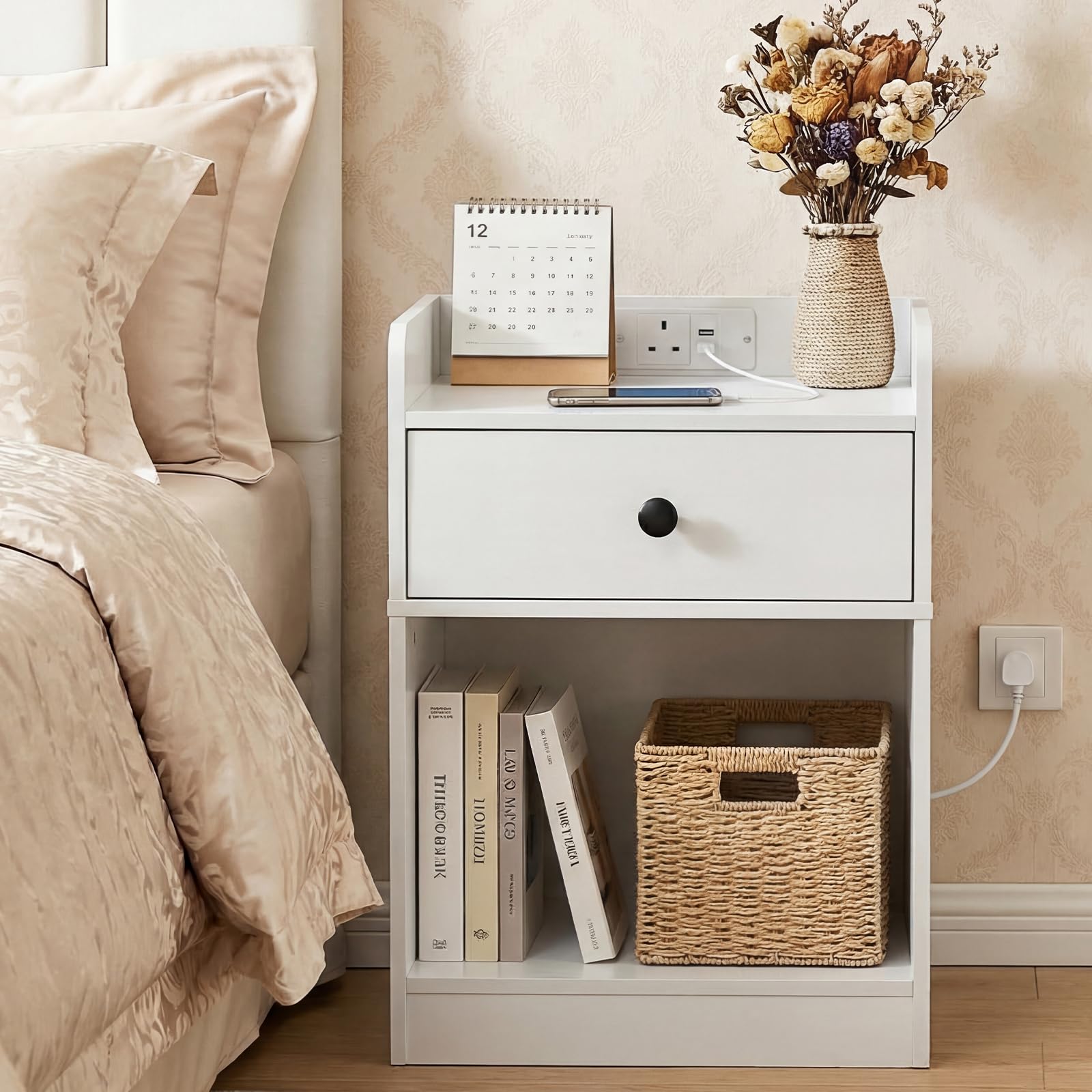HOOBRO Bedside Table with Charging Station, Sofa Side Table with USB, Bed Side End Table with Socket, Nightstand with Drawer and Open Shelf, for Bedroom, Living Room, White EWT18KBZ01 โ image 1
