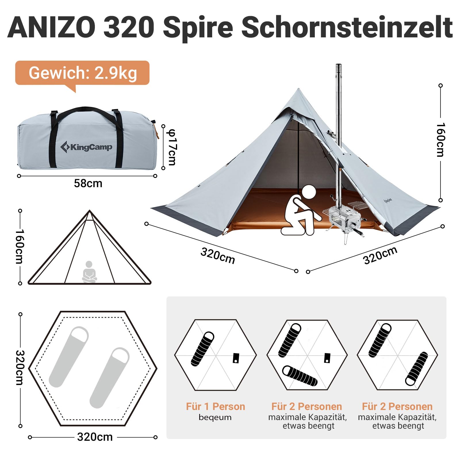 KingCamp ANIZO 320 Teepee Tent for 1-2 People, Pointed Roof Tent