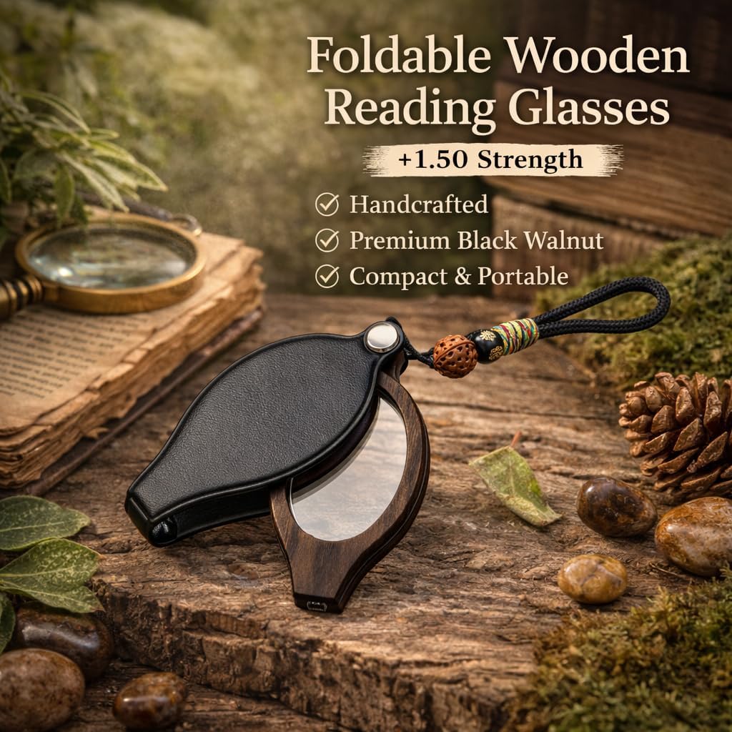 Folding Handheld Reading Glasses +1.50, Handmade Eco-Friendly Pocket Readers Travel Restaurant Labels (Black Walnut)