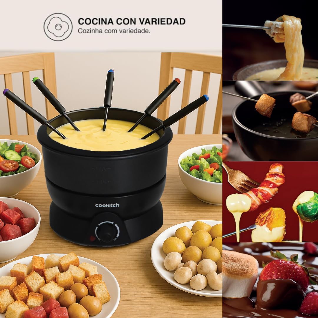Fondue Eléctrico para 6 Personas, Fondue para Queso, Chocolate, Carne, Caldo y Más, Capacidad de 1.3L, Antiadherente, Termostato Regulável