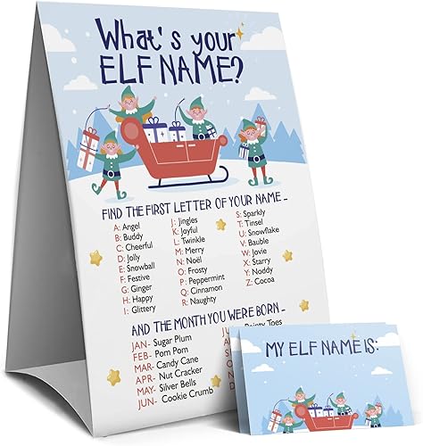 Letrero de juegos de Navidad, juego de nombres de elfo, juegos de Navidad para familias, juegos de fiesta de Navidad, juegos de vacaciones (31C)