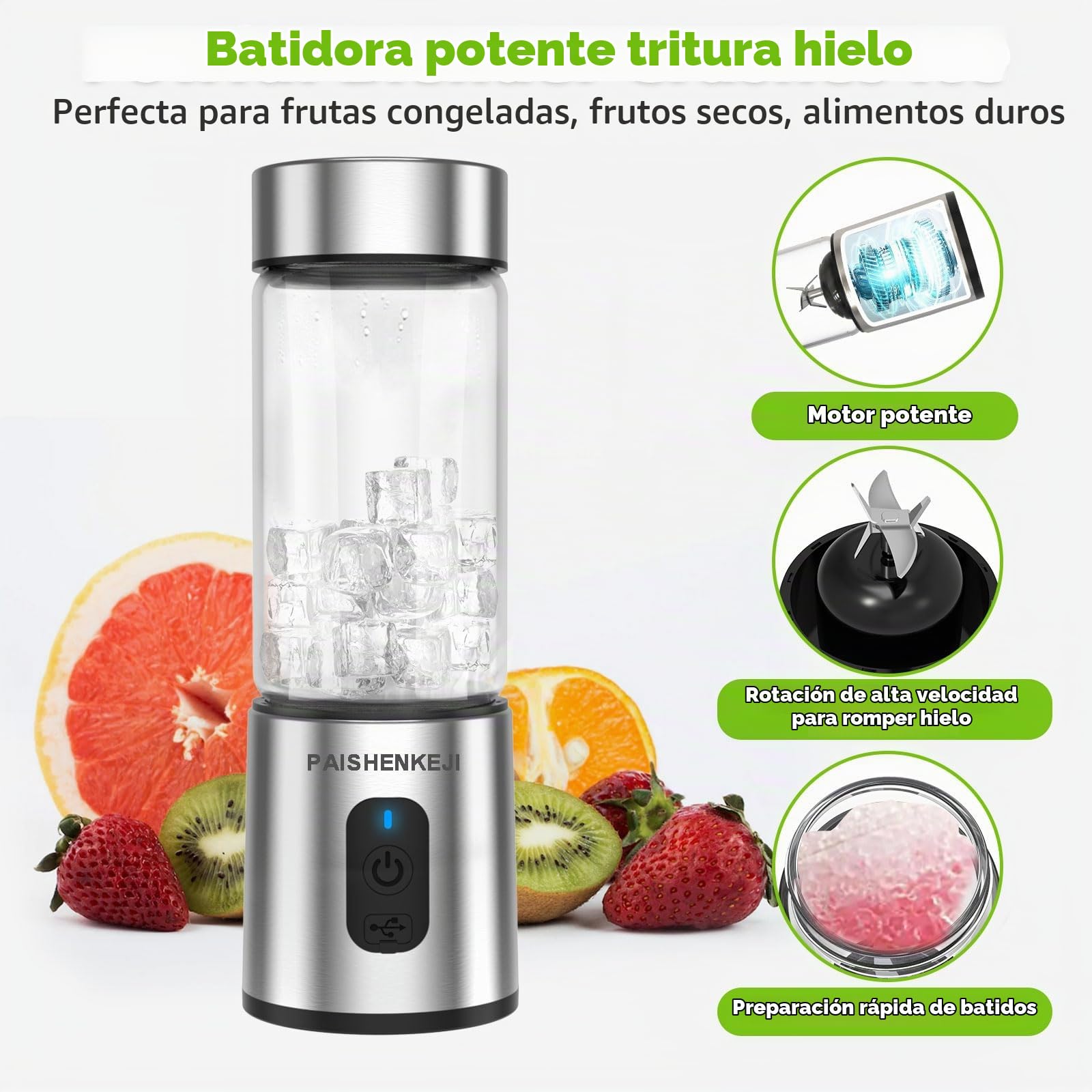 Batidora portátil de cristal para batidos y licuados: Batidora personal para triturar hielo y fruta congelada, mini exprimidor de 400 ml ideal para batidos, licuados y zumos, Smoothie Maker
