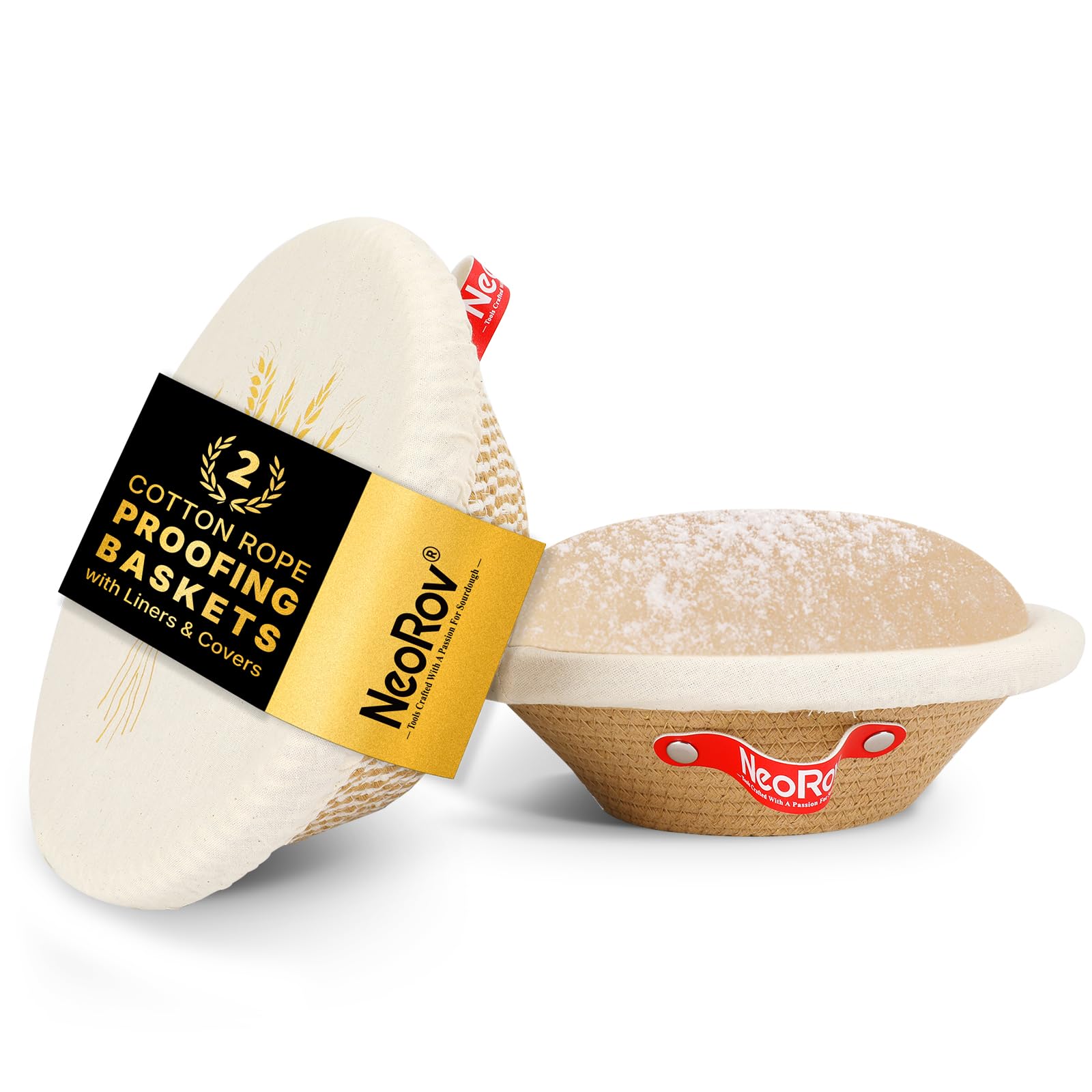NeoRov Banneton Lot de 2 corbeilles à pain rondes avec doublure et housse en tissu en corde de coton