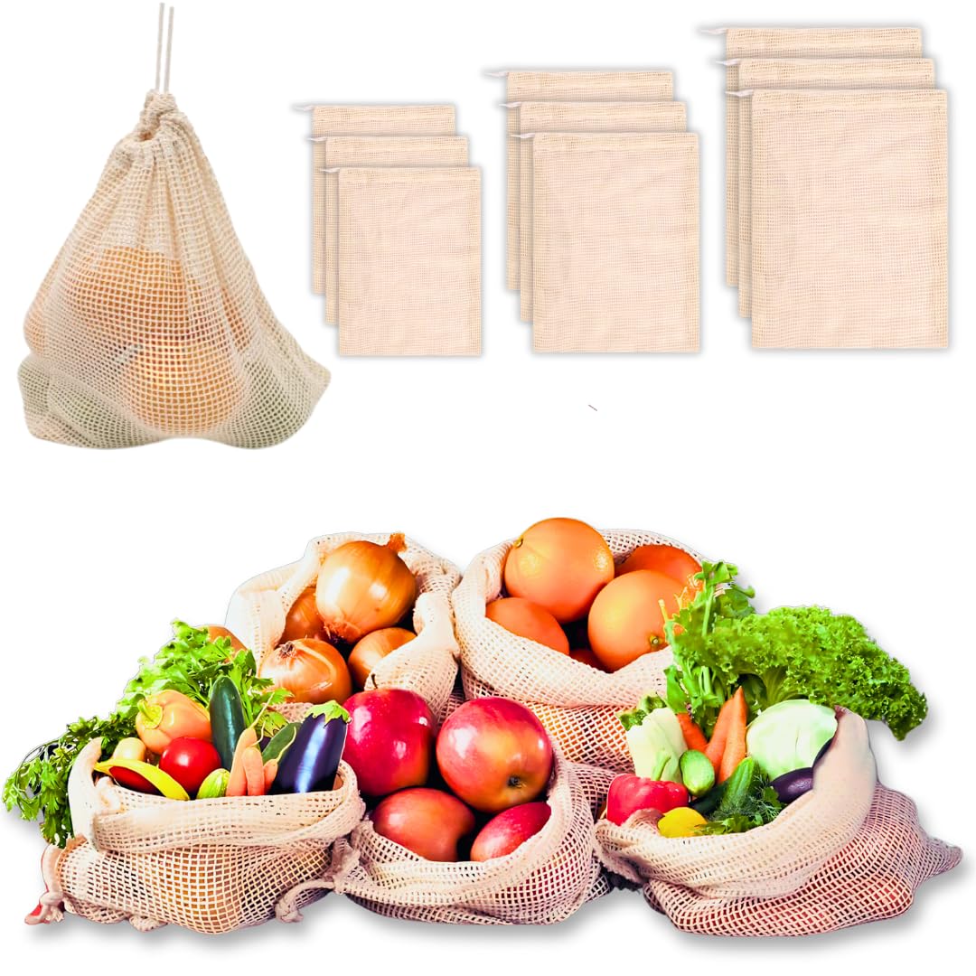 100% Cotton Vegetable Bags | Fridge Net Bag Eco-friendly Natural White Washable Reusable Drawstring Zip Bag For Food Storage | Multipurpose Kitchen Grocery Organizer (Pack of 9 Bags)