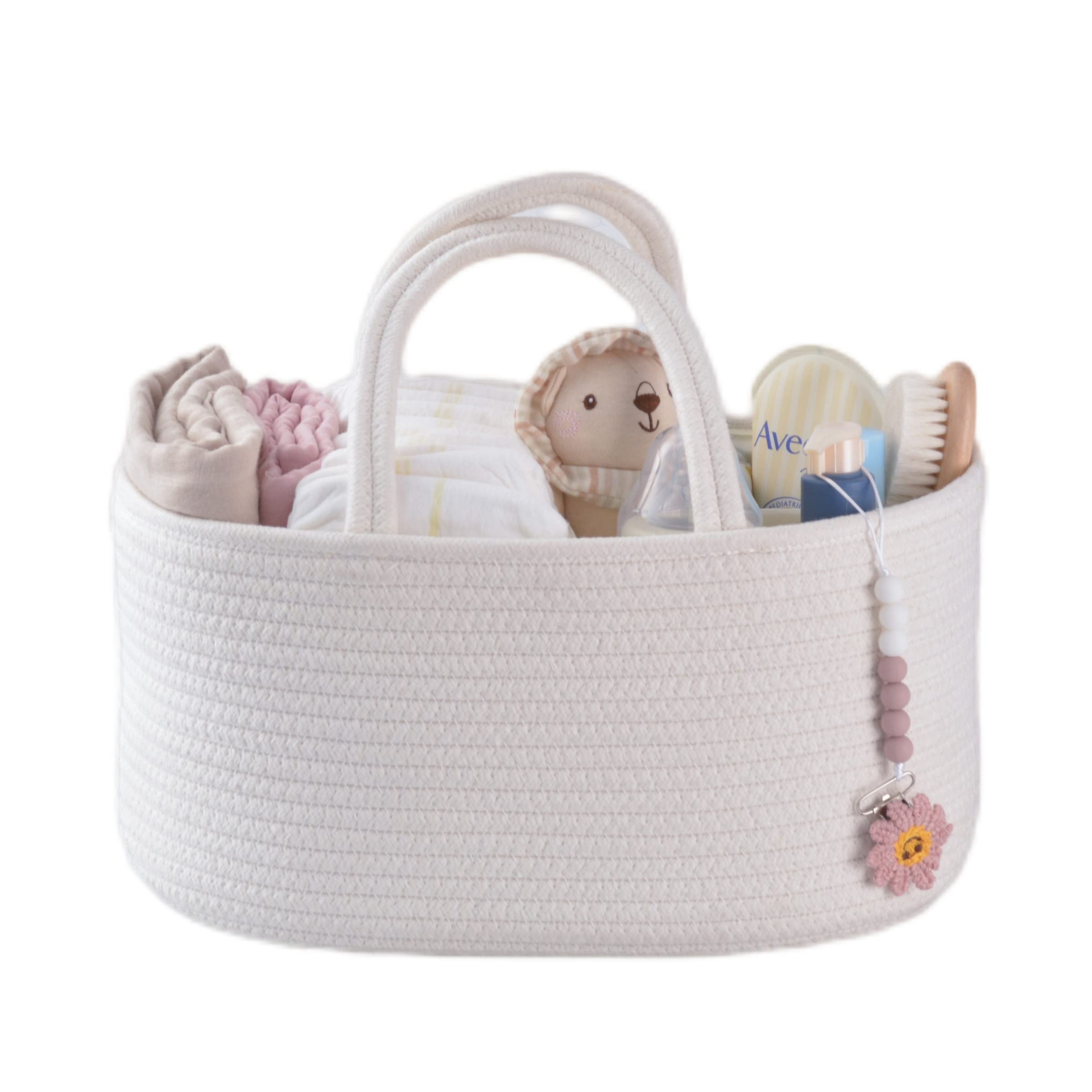 Baby Diaper Caddy Organizer for Girl Boy Cotton Rope Nursery Storage Bin Basket Portable Holder Tote Bag for Changing Table Car Travel Baby Shower Gifts Newborn Essentials Registry Must Haves White