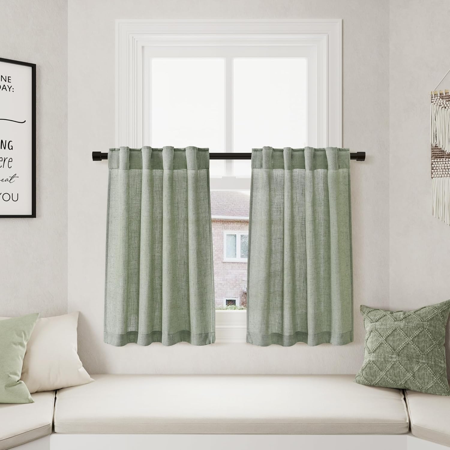 Desert Sage Cafe Curtains 30 Inch Length Linen Privacy Light Filtering Pleated Short Curtain Rod Pocket Back Tab Design Shabby Chic Kitchen for Bathroom Laundry Room Small Window 2 Panels 26Wx30L