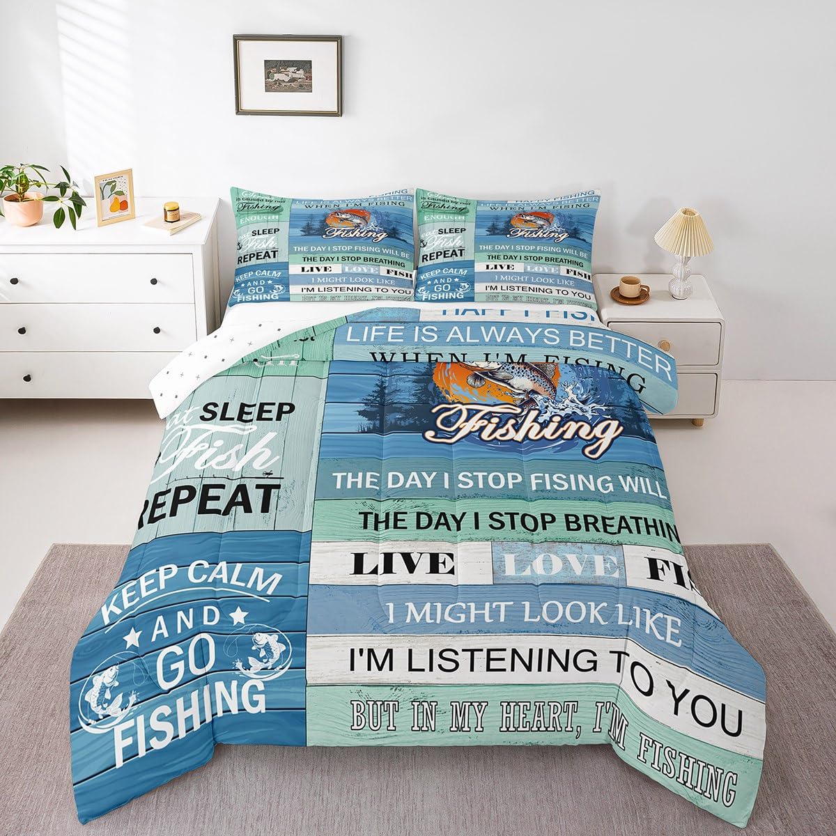 Feelyou Kids Happy Camping Duvet Insert Toddler Size, Big Pike Fish Comforter Set Boys Girls for Lake House Bedding Set RV Camping Teens Bedroom Decor with 1 Pillow Case