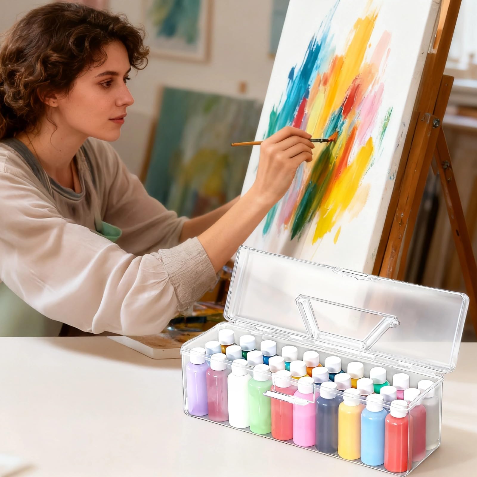 Generisch 3 Stk. Acrylfarben-Aufbewahrungsorganizer, transparente stapelbare Boxen für Malsachen, mit Doppelverschluss, Traggriff, Pinsel- und Bastelwerkzeug-Aufbewahrung, für Atelier und unterwegs