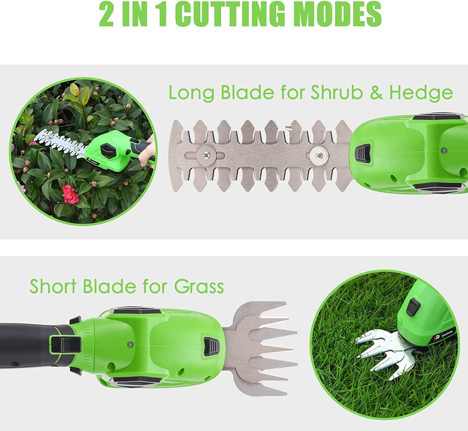 Cordless Hedge Trimmer - 2 in 1 Grass Trimmer Handheld Trimmer, 7.2V Electric Grass Cutter with Rechargeable Battery, One-Hand Handheld Shrubber Trimmer Grass Clippers for Garden and Lawn