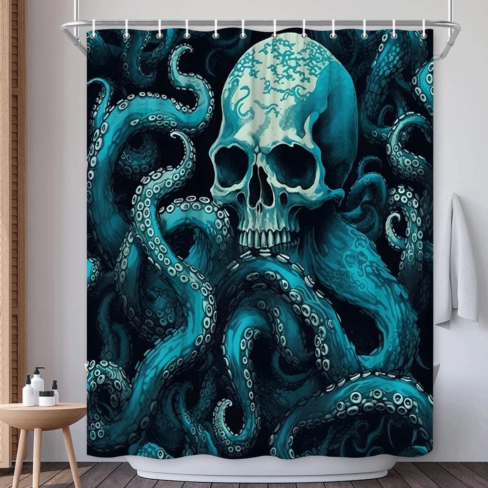 Skull Octopus Shower Curtain Vintage Skull Octopus Tentacle Kraken Blue Teal Marine Life Horror Gothic Halloween Theme Polyester Fabric Bathroom Curtains with Hook