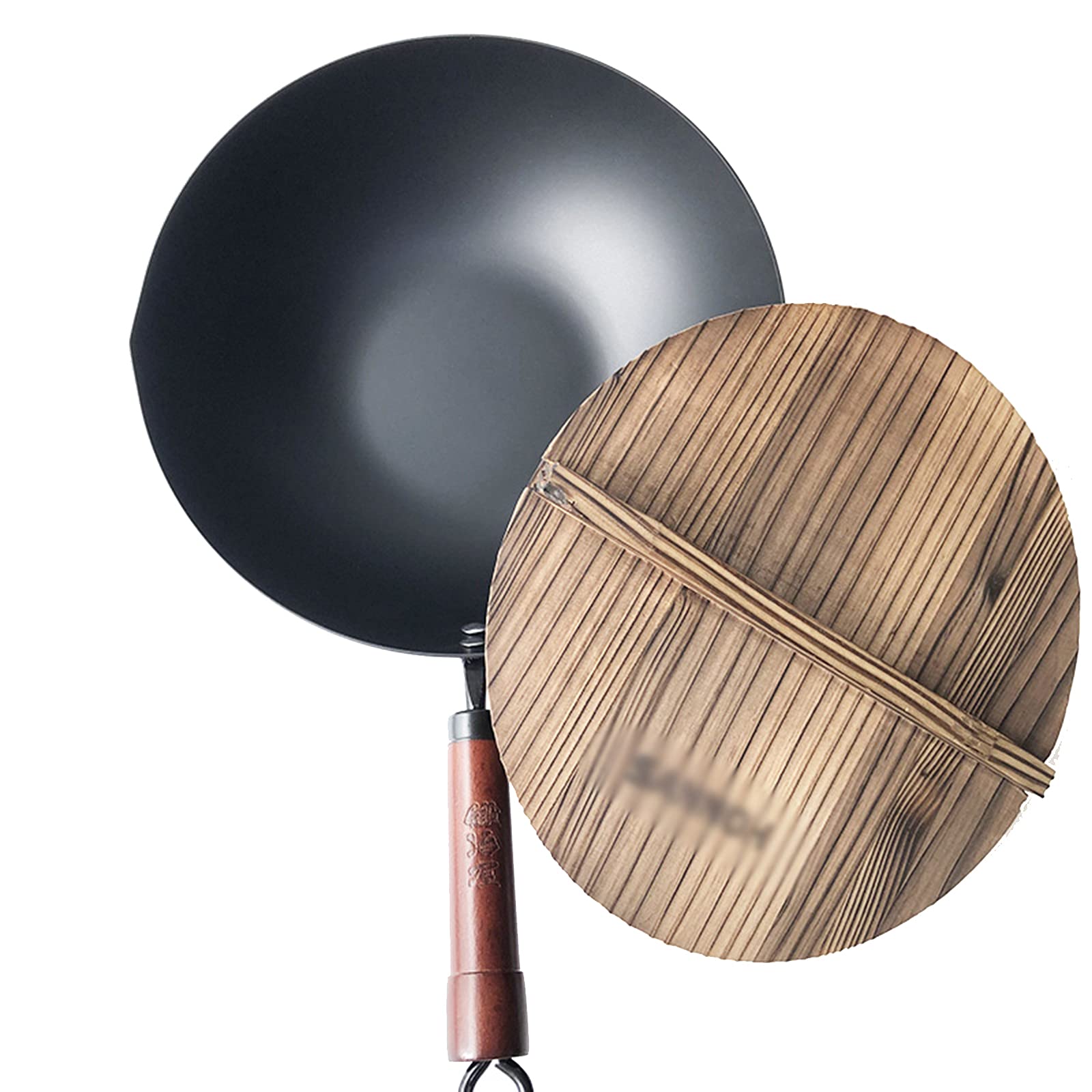 Wok de Hierro con Mango de Madera y Tapa Wok Tradicional de Fondo Plano y sartén para salteados y Comidas asiáticas