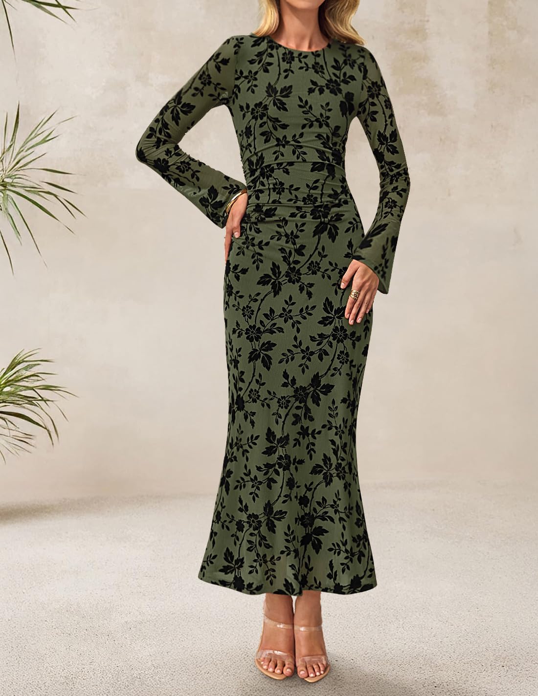 ZESICA Women's Long Sleeve Floral Bodycon Dress 2026 Spring Fall Ruched Mesh Wedding Guest Cocktail Party Maxi Dresses - Image 3