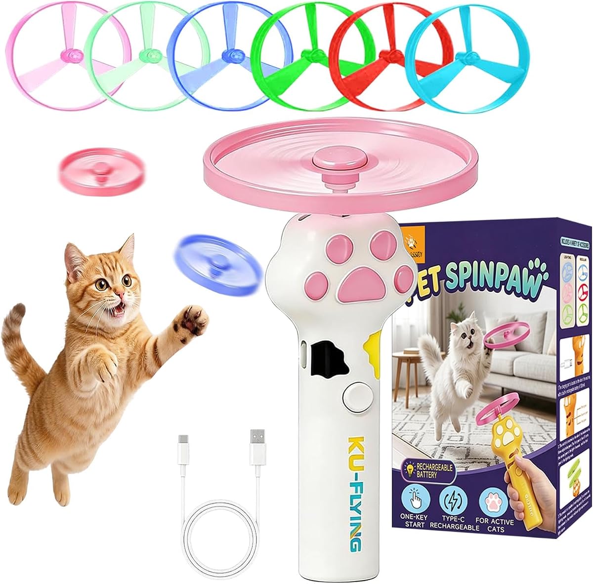 Cat Fetch Toy Auto Launcher 6 Discs 30m Range USB-C Rechargeable | Upgraded automatic disc launcher with 6 premium discs (3 glow), 30m range, USB-C rechargeable. Interactive indoor cat toy.