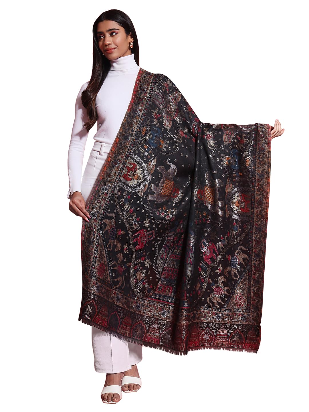zamour Women's Kani Luxury Mughal Shawl Exquisite Zari Pattern, Soft Wool Material, Winter Woolen Pashmina Feel Wrap-picture-40