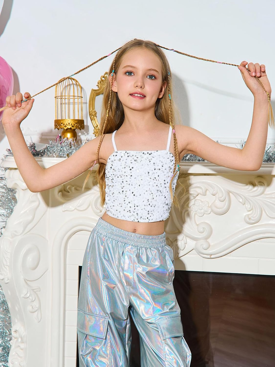 Haloumoning Girls Sequin Tank Tops Kids Sleeveless Spaghetti Strap Crop Cami Camisole Sparkly Dance Blouse 5-14 Years - Image 4