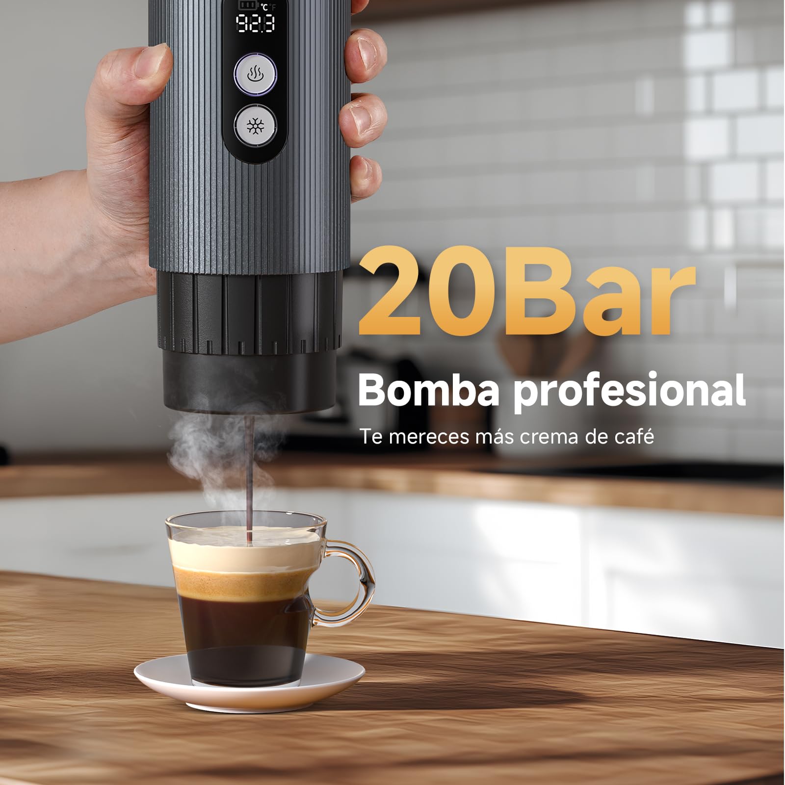 AMZCHEF Cafetera de café portátil con batería de 20 bares con USB-C y pantalla digital – Compatible con cápsulas y café en polvo – Cafetera para llevar para viajes, camping, aluminio