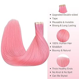 GOO GOO Tape in Hair Extensions Human Hair, Peach Pink, 16inch 25g 10pcs, Colored Tape ins Human Hair Extensions, Silky&Soft Invisible Tape Ins, Hair Highlighted for Party
