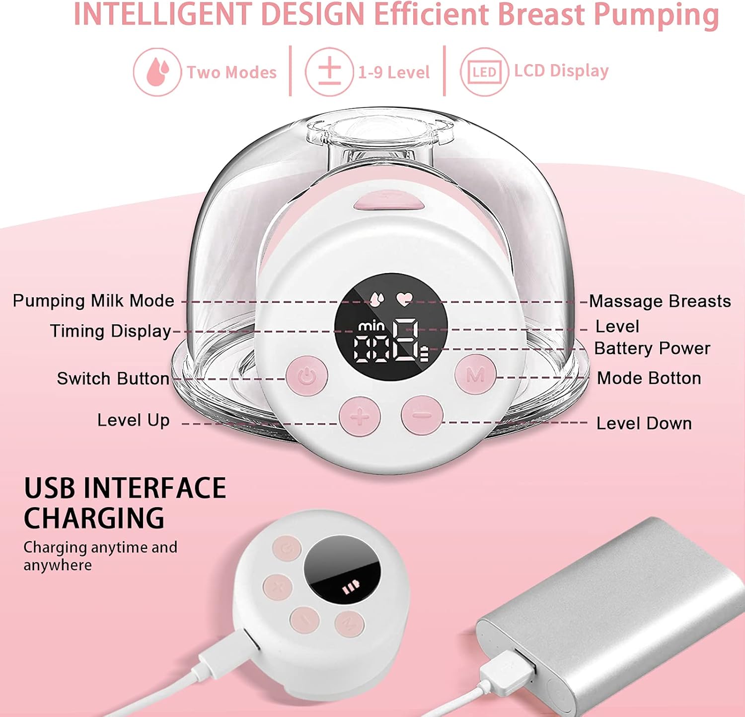 Breast Pump Electric,Wearable Breast Pump,Hands Free Breast Pump,Portable Breast Pump with 2 Modes,9 Levels,LCD Display,Memory Function Rechargeable Single Milk Extractor with Massage Mode-27mm Flange : Baby
