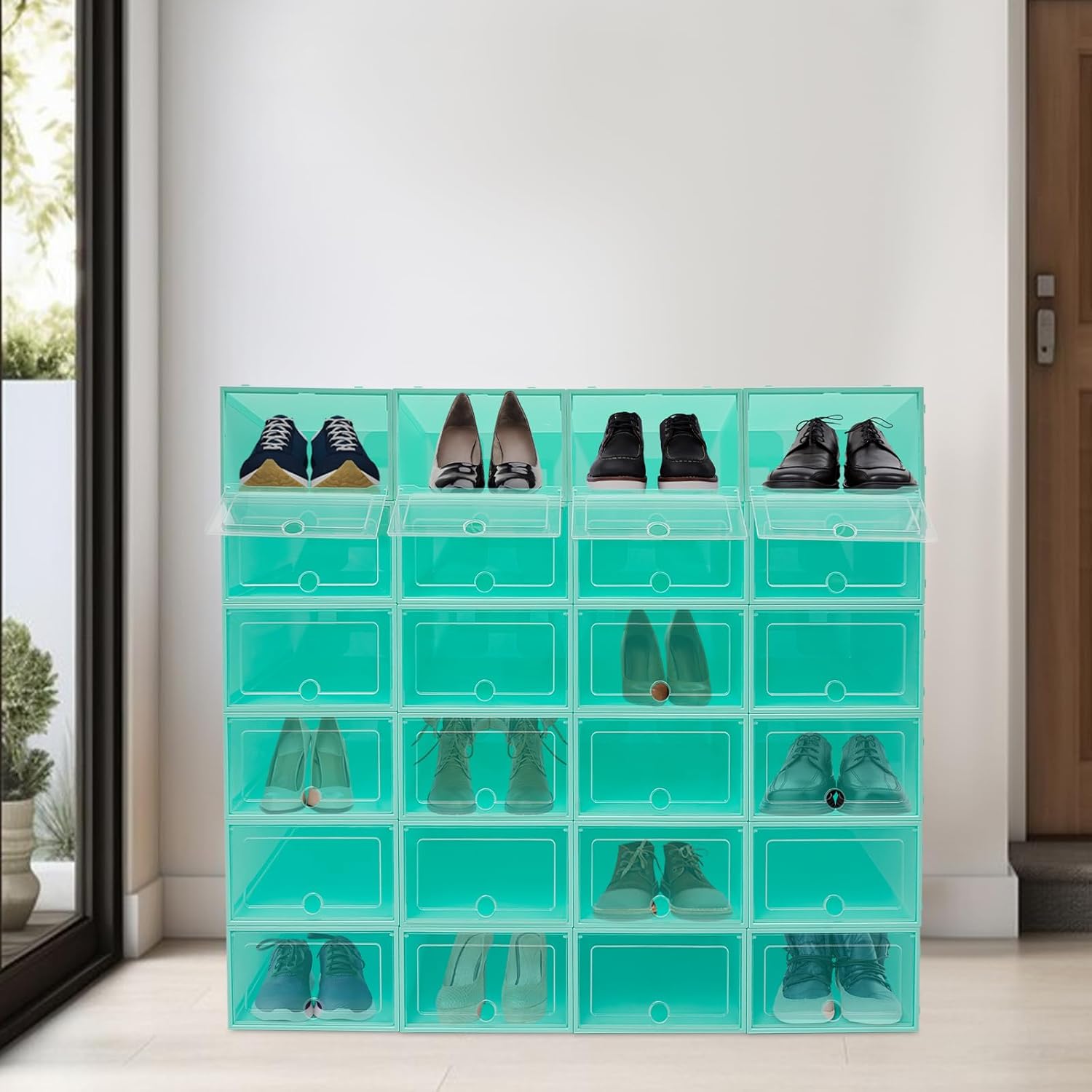 Shoe Storage Boxes Organizers, Clear Plastic Stackable 24 Pack, Shoe Rack & Holder Substitute, Sneaker Containers, Toy Storage Organizer Bins for Entryway, Closet, Under Bed, Emerald Green