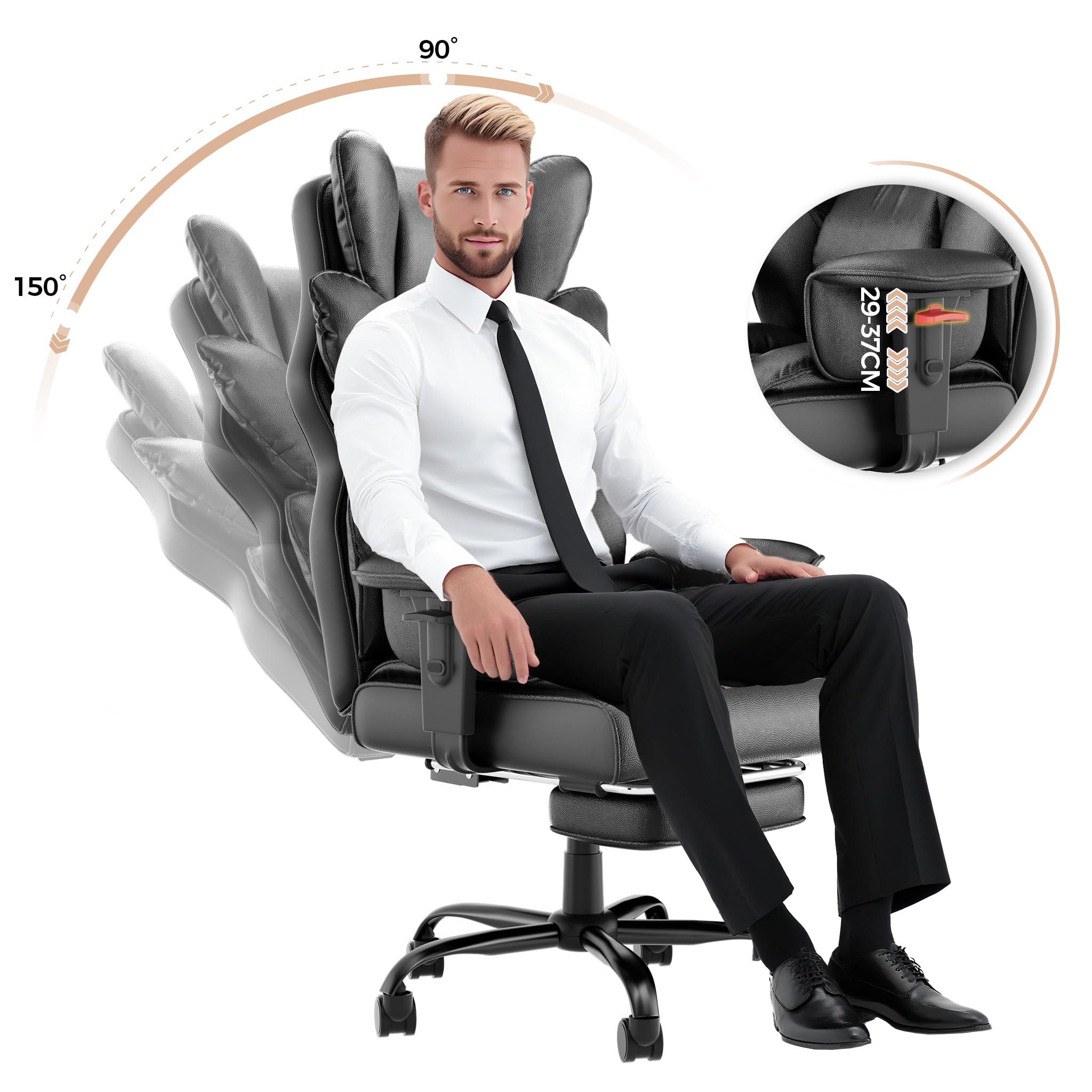 UISEBRT Ergonomiczny fotel szefa z podnóżkiem, regulowane podłokietniki w zakresie 150° i wysokość 126-136 cm, krzesło biurowe z poliuretanu, obciążenie 150 kg, do biura, domu i gier, czarny
